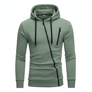 Sweat-shirt à capuche pour homme, coupe ajustée, couleur unie, fermeture éclair sur le devant, tricoté, manches longues, vêtement d'automne, vert - Product Image 1
