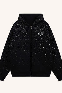 Sudadera con capucha negra de mujer con cremallera y pedrería, de peso pesado, con detalles brillantes, estilo urbano, proveedor mayorista - Product Image 4