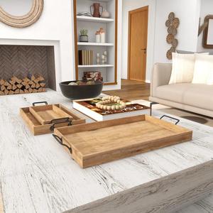 Ensemble de plateaux de rangement en bois massif de qualité supérieure avec poignées métalliques robustes, finition rustique, design empilable pour la décoration de table à manger ou de table basse - Product Image 4