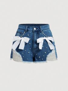 Shorts en jean personnalisés effet vieilli ornés de perles, avec détail nœud blanc chic, pour femme, taille haute, pour l'été - Product Image 3