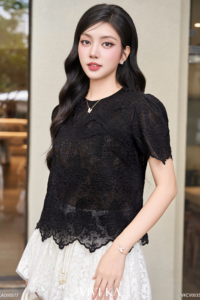 <b>Women's</b> Black Floral Lace Short Sleeve Blouse with <b>Mesh</b> Lining Scalloped Hem Elegant Lace <b>Top</b> Casual Style ASTORIE - Product Image 3