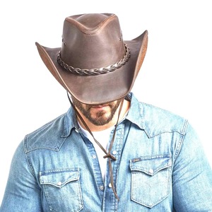 Sombrero Vaquero de Cuero Genuino Marrón con Banda Trenzada, Ojales de Ventilación, Correa para la Barbilla, Ala Ancha, Estilo Outback Western para Hombre y Mujer - Product Image 6