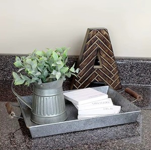 Bandeja Decorativa Rectangular de Metal con Asa de Madera, Estilo Industrial, Acabado Galvanizado, Juego de 2 Piezas - Product Image 4
