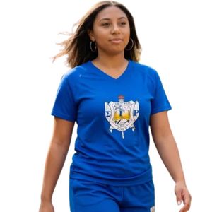 Camiseta Azul Rey para Mujer con Cuello en V y Gráfico Central, Manga Corta, Estilo Deportivo Casual para Uniformes de Equipo Personalizados - Product Image 1