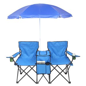 Sedia da Spiaggia Pieghevole Blu a 2 Posti con Ombrellone Rimovibile in Metallo e Tessuto Oxford per Picnic e Parchi - Product Image 4