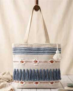 Bohemian Striped Cotton Tote <b>Bag</b> With Blue Tassels Women's Shoulder <b>Bag</b> Casual <b>Beach</b> Handbag <b>Lightweight</b> Open Top Design ready - Product Image 2