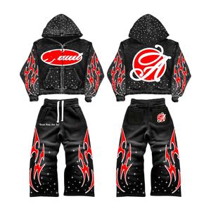 Ensemble de survêtement vintage personnalisé pour homme, style streetwear, délavé au soleil, avec broderie appliquée et strass, survêtement ample avec fermeture éclair et capuche - Product Image 1