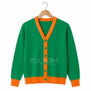 Cardigan en tricot vert pour femmes Cosh International, col en V, avec bordure contrastée orange, manches longues, haut décontracté - Product Image 5