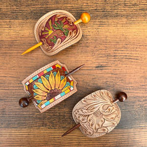 Bâton de cheveux en cuir taillé à la main vintage, épingles à cheveux en forme de cœur, accessoires pour queue de cheval pour femmes, barrettes de mode - Product Image 6