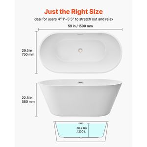 Vasca da Bagno Freestanding Contemporanea in Acrilico Bianco da 59 Pollici con Elegante Forma Ovale e Scarico con Troppopieno in Nichel Spazzolato - Product Image 2
