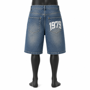 Shorts en jean pour homme de qualité supérieure avec imprimé 1979, taille mi-haute, style décontracté, en toile, avec fermeture boutonnée et poches - Product Image 5