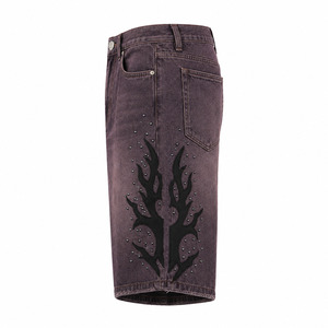 Mauve Y2K Flame Rhinestone Jorts Men Baggy Denim Streetwear Shorts with <b>Applique</b> Embellishment Low MOQ Wholesale - Product Image 4