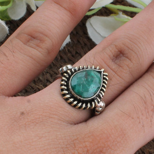 925 Sterling <b>Silver</b> Bezel Setting Green Emerald Cut Handmade Classic <b>Boho</b> Dainty Solitaire <b>Ring</b> Certified Jaipur Unisex - Product Image 1