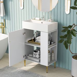 Mobile bagno bianco da 21,6 pollici con lavabo singolo in ceramica, mobiletto contenitore con vano a destra, mobiletto singolo per bagno - Product Image 4