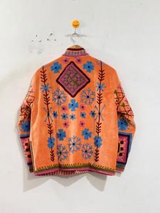 Peach Multicolor Waterproof Zipper Embroidered <b>Velvet</b> Winter <b>Jacket</b> with Traditional Botanical Floral Design - Product Image 2