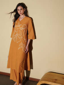 Mustard Plain Midi <b>Dress</b> <b>With</b> Three Quarter <b>Sleeves</b> Turn-down Collar Loose Fit Casual <b>Summer</b> Woven Cotton Fabric Women Cloth - Product Image 1