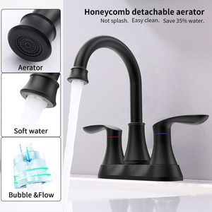 Rubinetto da Bagno Contemporaneo Nero Opaco con 2 Maniglie, Bocca Girevole ad Arco Alto a 360 Gradi, Montaggio Centrale, per Lavabo da 6 Pollici con Scarico a Scomparsa - Product Image 2