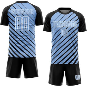 Conjunto de Camiseta de Fútbol Sublimada Personalizada de EE. UU., Azul Claro con Rayas Negras, Absorbente de Humedad, Manga Corta, Unisex, Corte Atlético para Adultos - Product Image 1