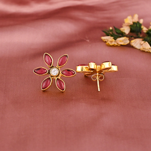 Natural Pink Tourmaline & Cubic Zirconia Gemstone Floral <b>Stud</b> Earrings | Gold Plated 925 <b>Sterling</b> <b>Silver</b> - Product Image 3