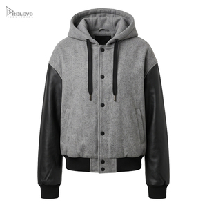 Chaqueta Varsity Personalizada con Capucha, Unisex, Gris Lana, Mangas de Cuero Negro, Botones a Presión, Chaqueta Bomber con Cordones, Personalización OEM/ODM - Product Image 1