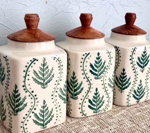 Handpainted Ceramic Canister Set Wooden Lid Botanical Leaf Airtight <b>Storage</b> <b>Jars</b> Farmhouse <b>Kitchen</b> Organizer Artisan Collection - Product Image 2