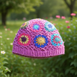 หมวกไหมพรมลายดอกไม้พร้อมดีไซน์ดอกไม้สวยงาม - Product Image 3