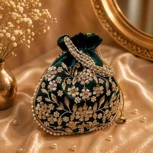 Pochette en soie verte faite à la main avec broderie florale dorée et bordure de perles, forme ovale, décoration de mariage, cadeau - Product Image 1