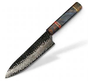 Couteau de chef japonais artisanal en acier Damas, finition martelée, manche octogonal en résine, outil culinaire - Product Image 6