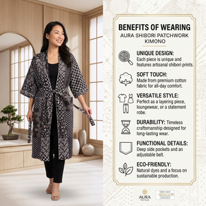 เสื้อคลุมกิโมโนผ้าฝ้ายสำหรับผู้หญิง เสื้อคลุมอาบน้ำพิมพ์ลายสีดำ แขนยาว คอวี มีเข็มขัด ชุดนอน มีกระเป๋า - Product Image 4