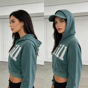 OEM 2026 – Nouveaux sweats à capuche longs zippés pour femmes, personnalisables avec rivets et clous, en polyester/coton, coupe-vent et écologiques - Product Image 3