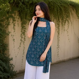 Special Bandhani Print Short Straight cut <b>Kurti</b> With Stylish Scarf Collection For Women By Aarika Textile - Product Image 2