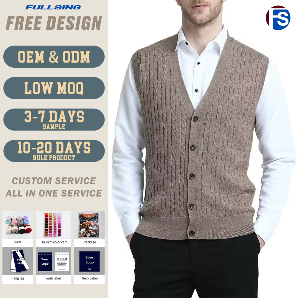 Wholesale Custom Knit Men Front Button V-Neck Knitted Cable Cashmere Wool Knitwear Cardigan Jumper Sweater Vest