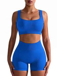 Ensemble de yoga pour femme, haut court asymétrique bleu à une épaule et short taille haute, design asymétrique, ODM OEM, logo personnalisé, respirant, Spandex Polyester - Product Image 4