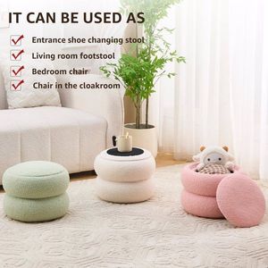 Modern Macaron Shaped Round Teddy Velvet Storage Ottoman Small Living Room Side Table with Footrest Tray Ottomans & Stools - Product Image 6