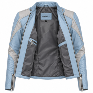 Light Blue <b>Leather</b> <b>Jacket</b> <b>Woman</b> Two Tone Sky Grey Panel Stand Collar Biker Outerwear Zipper Pocket Slim Fit Custom Racing <b>Moto</b> - Product Image 5