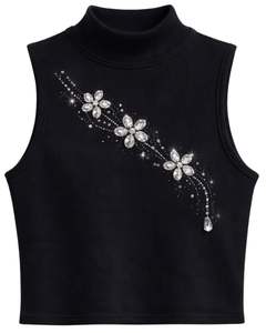 เสื้อกล้ามคอสูงสีดำแบบร่องสำหรับผู้หญิง ตกแต่งด้วยลายดอกไม้ประดับเพชร ไร้แขน เหมาะสำหรับฤดูร้อน ผลิตตามสั่ง - Product Image 1