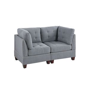 Divano Angolare Tufted 1 Pezzo in Tessuto Grigio Effetto Lino con Borchie e Gambe in Legno per Soggiorno - Product Image 6