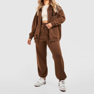 Women Plus Size 2 in 1 Printed Velour Tracksuit Set Hooded Full Length <b>Pants</b> Side Pockets Solid Color Casual Autumn Wear - Product Image 1