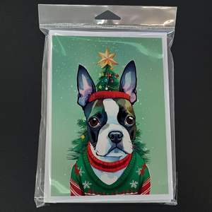 Whimsical Boston Terrier Tarjetas de felicitación de Navidad Paquete de 8 A7 Tamaño 5x7 Tarjetas de notas en blanco con sobres - Product Image 3