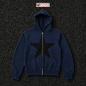Sweat à capuche oversize bleu marine avec imprimé étoiles noires, bords déchirés, style streetwear unisexe, fermeture éclair intégrale - Product Image 5