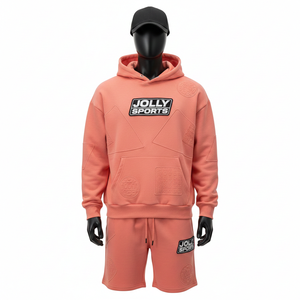 Ensemble sweat à capuche et short pour homme, 320 GSM, en molleton doux mélangé coton, avec empiècement pêche uni et logo thermocollé personnalisé. - Product Image 1