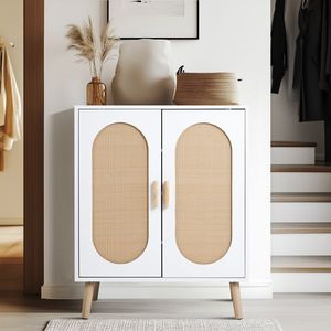 FCH 2-Door Vertical Shoe Cabinet Particle Board White <b>Frame</b> Original Wood Rattan Surface <b>Gold</b> High Feet Elegant White Shoe Rack - Product Image 6