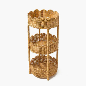 Étagère de rangement ronde à 3 niveaux en rotin festonné, support utilitaire en osier tressé à la main pour salle de bain ou salon - Product Image 2
