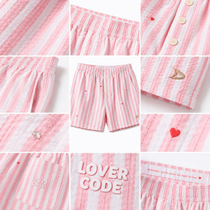 Pink Striped Seersucker Men's Mid Elastic <b>Boxer</b> Shorts Y2K Summer Heart Embroidery Rhinestone Detail Lightweight Cotton Poplin - Product Image 5