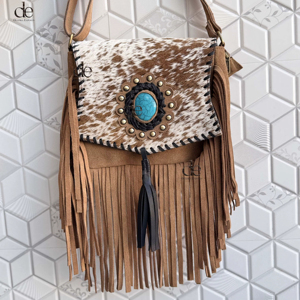 Sac à main bandoulière en cuir de chèvre à franges, style western, en daim, avec pierres précieuses uniques, fait main pour femme - Product Image 1