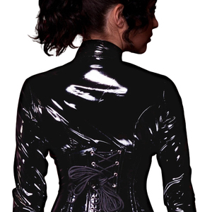 Black PU <b>Leather</b> Bodycon Mini Club Dress High Neck Full Sleeve <b>Corset</b> Style Sexy Solid Color Adult Women's Dress - Product Image 3