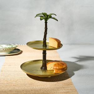Charming Two-<b>Tier</b> Gold <b>Cake</b> Stand Featuring Hammered Trays & A Unique Central Palm Tree Pillar With Green Fronds Top For Serving - Product Image 6