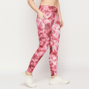 Pink Mid Waist <b>Leggings</b> Full Length Knitted Stretch Eco-Friendly Moisture-Wicking Sporty Women's <b>Workout</b> Pants <b>with</b> <b>Pockets</b> - Product Image 4