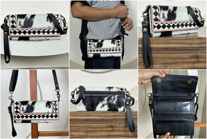 Hand Tooled Leather Cowhide <b>Wallet</b> Clutch Black & White Checkered Trifold Crossbody Mini Purse Western Design Boho Bag for Women - Product Image 3