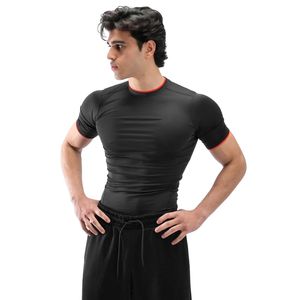 Men's <b>Black</b> Slim Fit Crew Neck Short Sleeve T Shirt with Red Trim <b>Plain</b> Casual Tee - Product Image 1